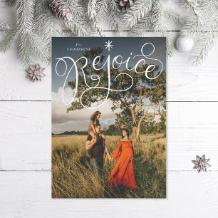 Kerstfoto met handschrift Rejoice Feestdagenkaart