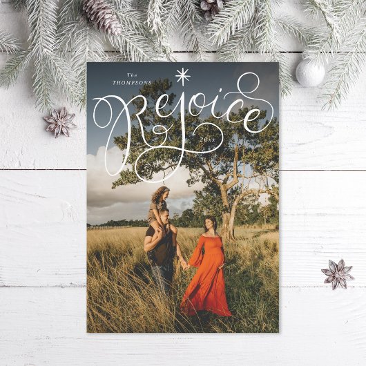 Kerstfoto met handschrift Rejoice Feestdagenkaart