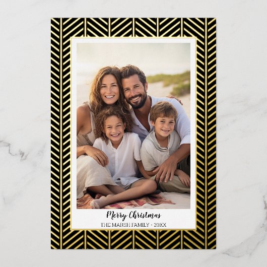 kerstfoto met Herringbone Gold Border in Folie Feestdagenkaart (Voorkant)