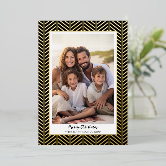 kerstfoto met Herringbone Gold Border in Folie Feestdagenkaart (Staand Voorkant)