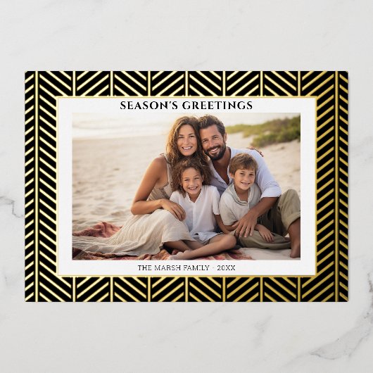 kerstfoto met Herringbone Gold Border in Folie Feestdagenkaart (Voorkant)