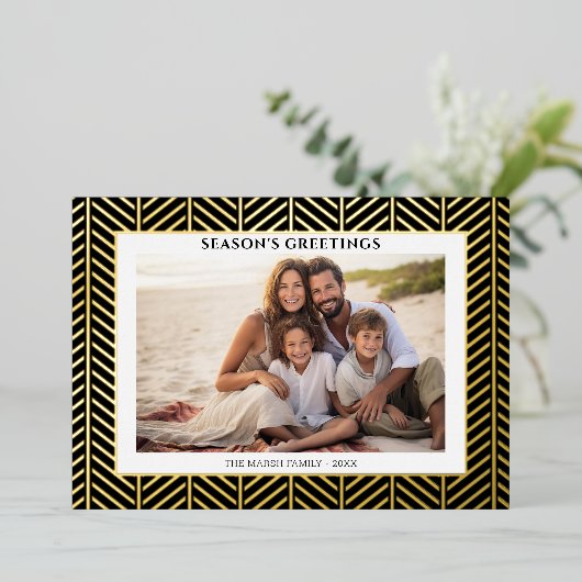 kerstfoto met Herringbone Gold Border in Folie Feestdagenkaart (Staand Voorkant)