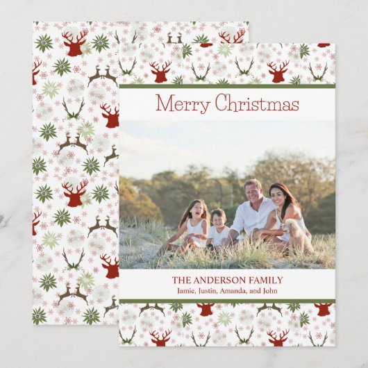 Kerstfoto met hertenpatroon feestdagenkaart (Voorkant / Achterkant)