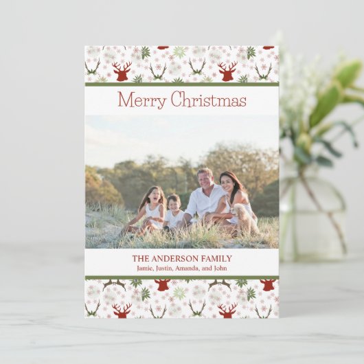 Kerstfoto met hertenpatroon feestdagenkaart (Staand voorkant)