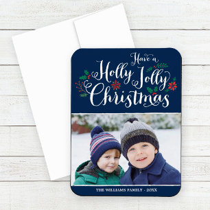 Kerstfoto met hulst en bessen in marineblauw magneet