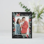 Kerstfoto met hulst en groene takken, Zwart Gelukk Feestdagenkaart (Staand voorkant)