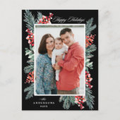 Kerstfoto met hulst en groene takken, Zwart Gelukk Feestdagenkaart (Voorkant)
