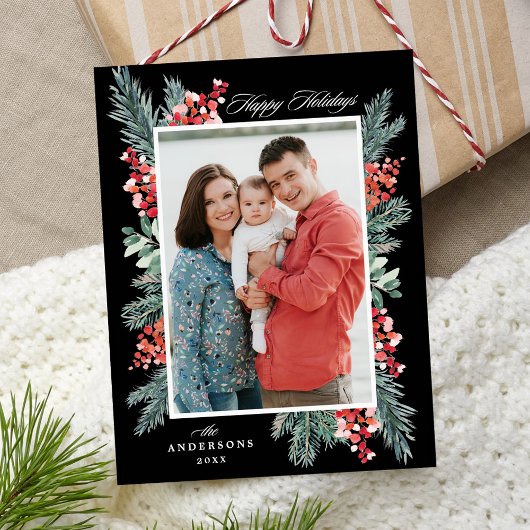 Kerstfoto met hulst en groene takken, Zwart Gelukk Feestdagenkaart