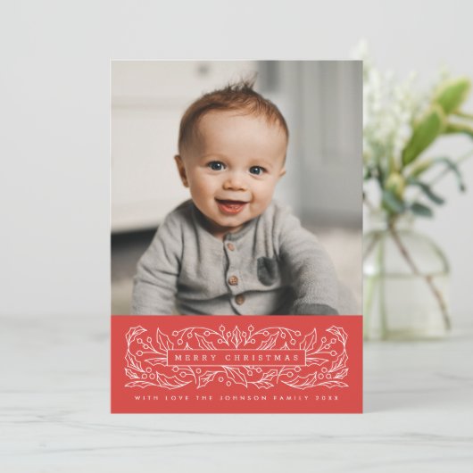 Kerstfoto met Hulstbladeren Klassiek Feestdagenkaart (Staand voorkant)