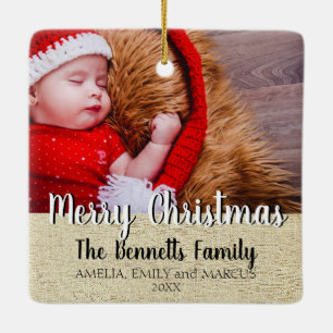 Kerstfoto met landelijke schrift keramisch ornament