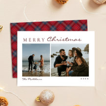 Kerstfoto met marine-rood tartan voor familie