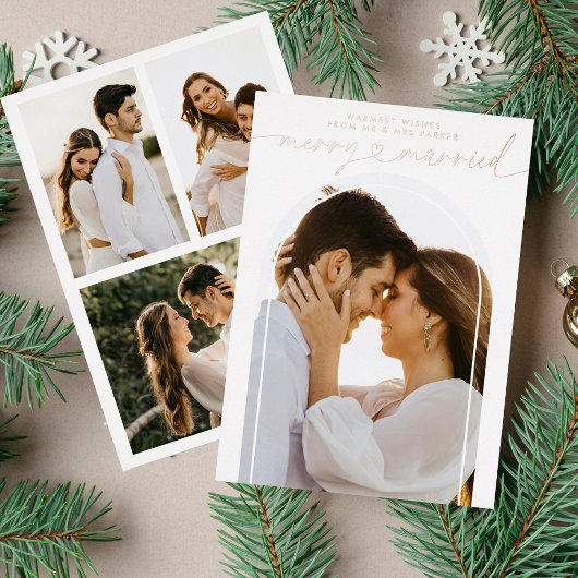 Kerstfoto met 'Merry and Married Heart Script' Folie Feestdagenkaart