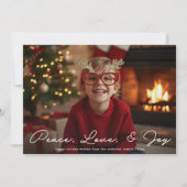 Kerstfoto met minimalistisch schrift 'Vrede Liefde Feestdagenkaart (Voorkant)