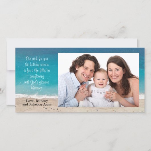 Kerstfoto met oceaan en strand feestdagenkaart (Voorkant)