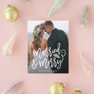 Kerstfoto met Pas getrouwd en vrolijk kerstfeest Feestdagenkaart