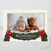 Kerstfoto met religieuze zegeningen folie feestdagenkaart (Voorkant)