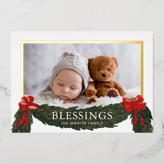 Kerstfoto met religieuze zegeningen folie feestdagenkaart (Voorkant)