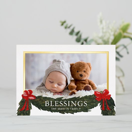 Kerstfoto met religieuze zegeningen folie feestdagenkaart (Staand Voorkant)