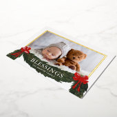 Kerstfoto met religieuze zegeningen folie feestdagenkaart (Gedraaid)