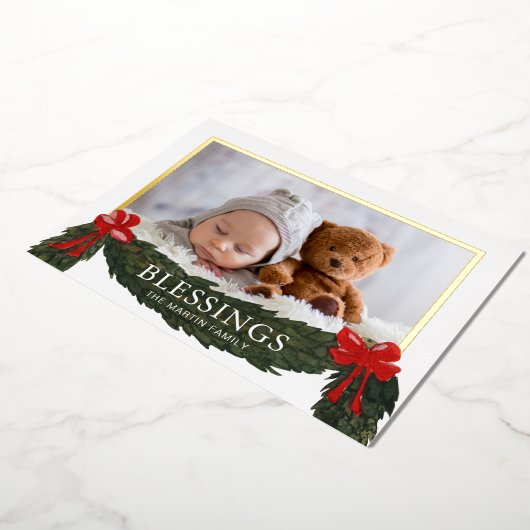 Kerstfoto met religieuze zegeningen folie feestdagenkaart (Gedraaid)