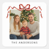Kerstfoto met Rode Strik Vierkante Sticker (Voorkant)