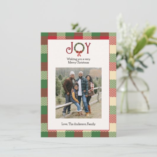 Kerstfoto met ruitjes feestdagenkaart (Staand voorkant)