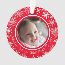 Kerstfoto met sneeuwvlokken rood voor baby's eerst