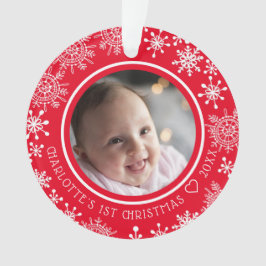 Kerstfoto met sneeuwvlokken rood voor baby's eerst ornament