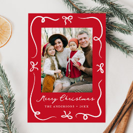 Kerstfoto met speelse handgetekende rode strikken feestdagenkaart