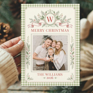 Kerstfoto met vintage gingham monogram en familie feestdagenkaart