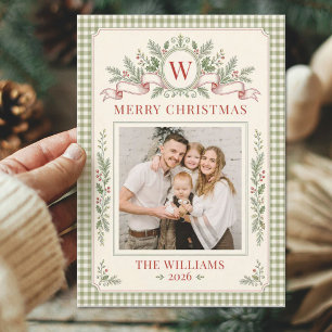 Kerstfoto met vintage gingham monogram familie feestdagenkaart