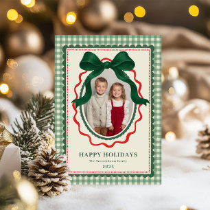 Kerstfoto met vintage groene strik feestdagenkaart