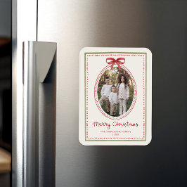 Kerstfoto met vintage rode strik en crèmekleurige  magneet