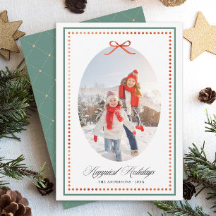 Kerstfoto met vintage rode strik HAPPIEST HOLIDAYS Feestdagenkaart