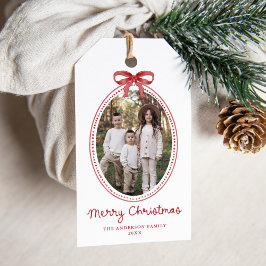 Kerstfoto met vintage rode strik Kerstvakantie Cadeaulabel