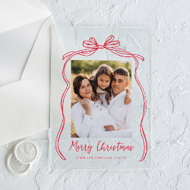 Kerstfoto met vintage rode strik 'Prettig Kerstfee Acryl Uitnodigingen