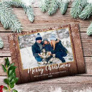 Kerstfoto met vintage rustieke houten look feestdagenkaart