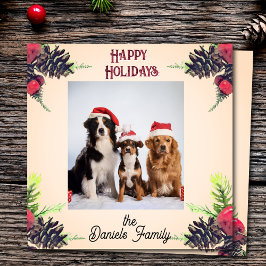 Kerstfoto met vintage stijl dennenappel en bessen feestdagenkaart