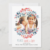 Kerstfoto met vrede liefde vreugde en koraalbesjes feestdagenkaart (Voorkant)