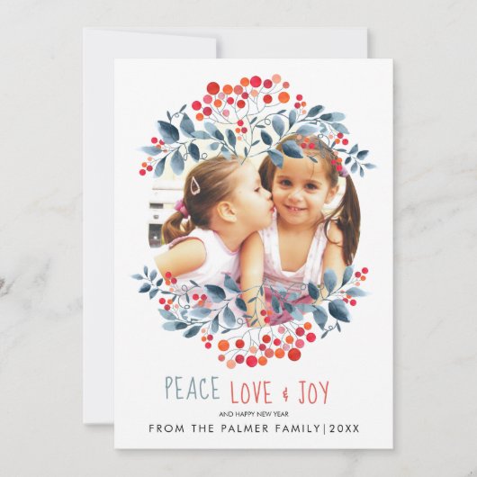 Kerstfoto met vrede liefde vreugde en koraalbesjes feestdagenkaart (Voorkant)