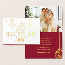 Kerstfoto met Vrede Liefde Vreugde Gouden Ornament