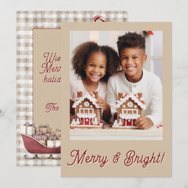 Kerstfoto met vrolijk geruit motief feestdagenkaart