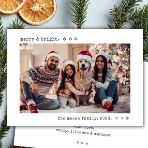 Kerstfoto met zwarte typemachine 'Merry & Bright' Feestdagenkaart