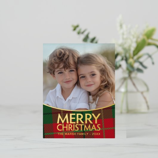 Kerstfoto - Modern rood groen geruite - goud Folie Feestdagen Briefkaart (Staand Voorkant)