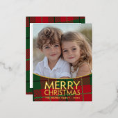 Kerstfoto - Modern rood groen geruite - goud Folie Feestdagen Briefkaart (Voorkant / Achterkant)