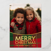 Kerstfoto - Modern rood groen geruite - goud Folie Feestdagenkaart (Voorkant)
