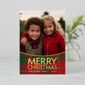 Kerstfoto - Modern rood groen geruite - goud Folie Feestdagenkaart (Staand Voorkant)