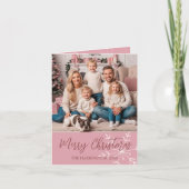 Kerstfoto naam Pink Snowflake Elegant Script Feestdagen Kaart (Voorkant)
