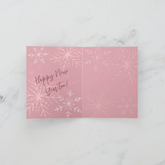Kerstfoto naam Pink Snowflake Elegant Script Feestdagen Kaart (Binnen)