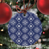 Kerstfoto Navy Blauw Sneeuwvlok Vrolijk Script Keramisch Ornament